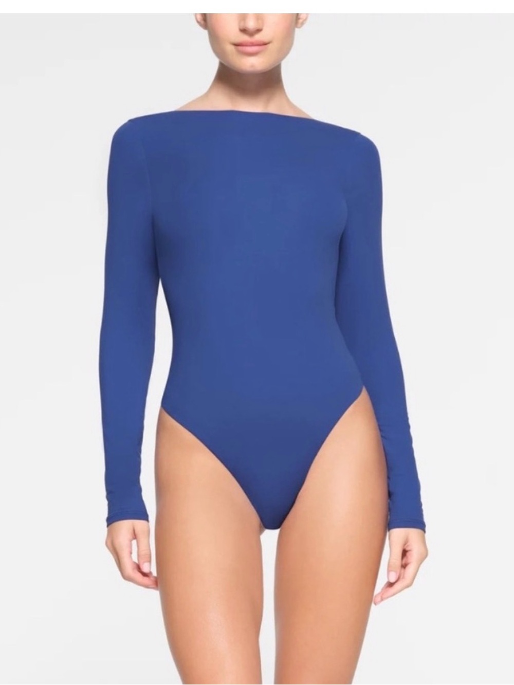 SKIMS Boatneck Long-Sleeve Bodysuit in Blue